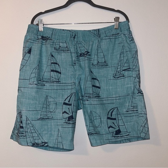 Reyn Spooner Mens Large Blue/Green Elastic Waist Casual Shorts w/Boats - Picture 1 of 9